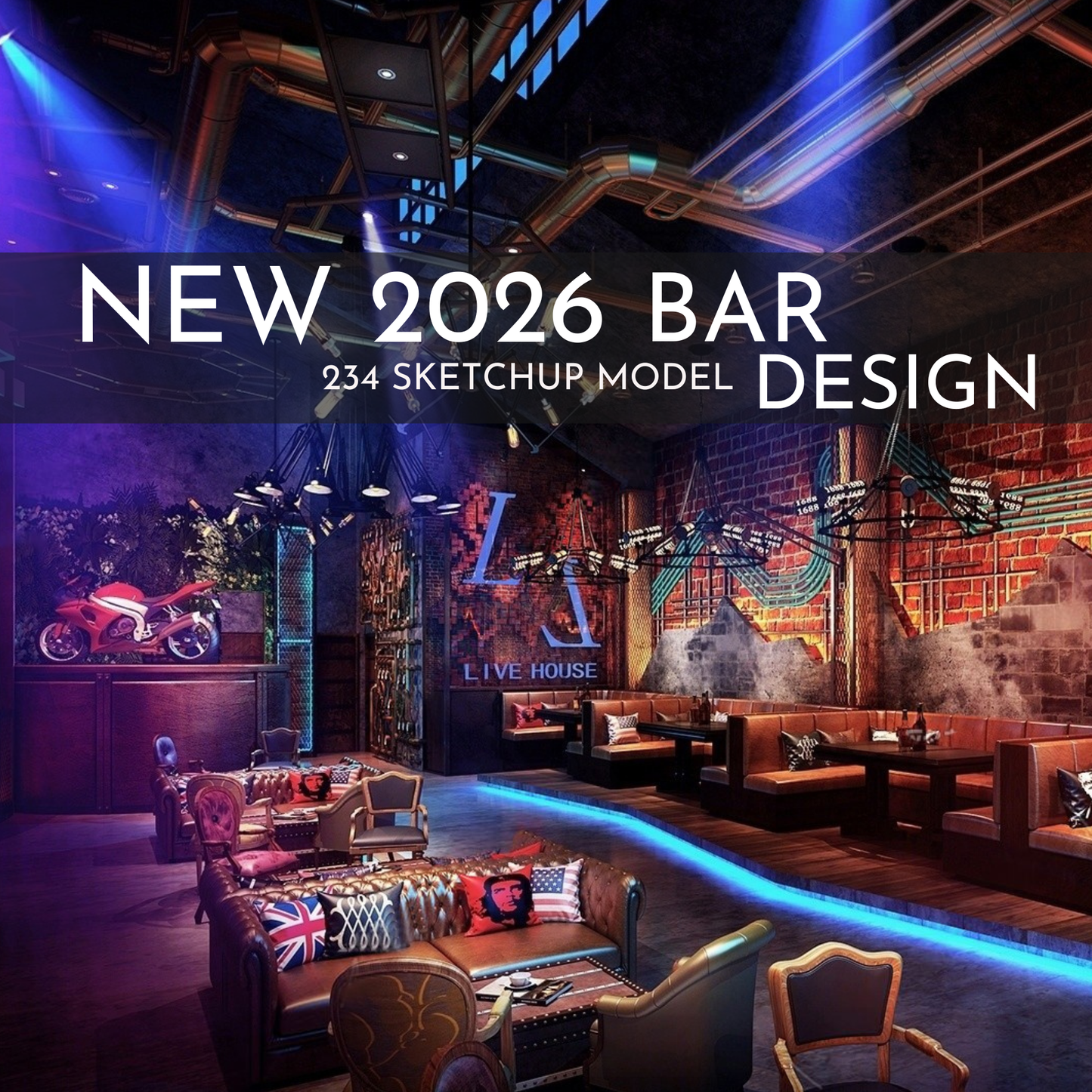 2026 NEW!  234 BAR PUB - Sketchup 3D Hotel Room Interior Design Model